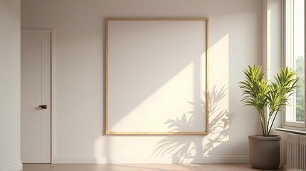 A large empty picture frame beside the entrance door with morning light.