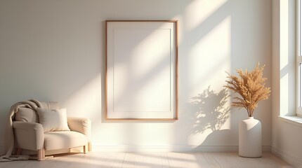 Empty picture frame in living room with chair and vase with morning light