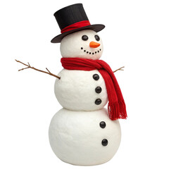 Snowman wearing a scarf and top hat isolated on transparent background  
