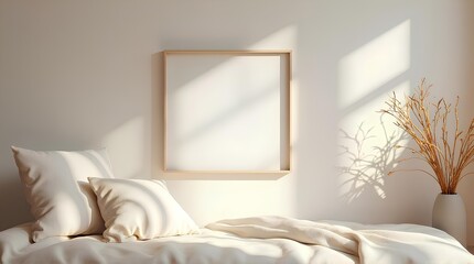 Empty picture frame in bedroom with morning light