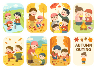 秋のお出かけファミリーイラストセット、Autumn Family Outing Illustration Set