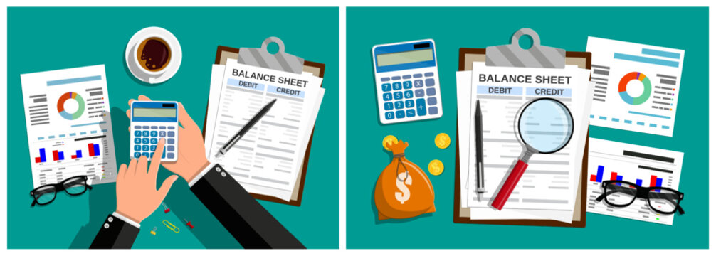 Man using calculator top down view for financial accounting. Business finance, audit calculation, money investment analyzing for accountant.