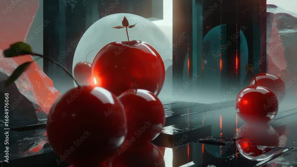 Poster a single red apple sitting on a clear glass table with a simple and elegant background