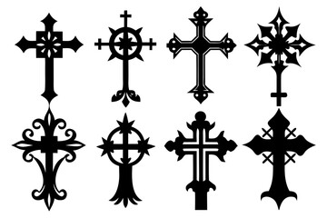 set of Christian cross black silhouette  vector,cross icon set