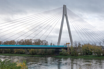 Cable-stayed bridge spanning the river Rhine near to Neuwied under cloudy sky