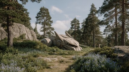 Mysterious Stone Structure Resembling a Dragon in a Forest Setting