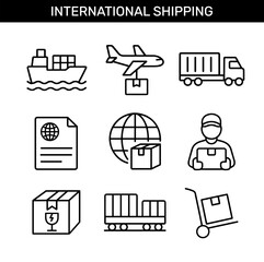 International shipping outline icons set. Cargo ship, airplane delivery, truck transport, customs document, global logistics, courier, fragile package, freight train, warehouse trolley