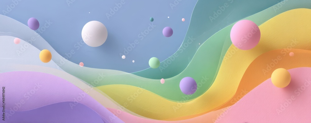 Poster abstract colorful scene with spheres and pastel wave-like textures