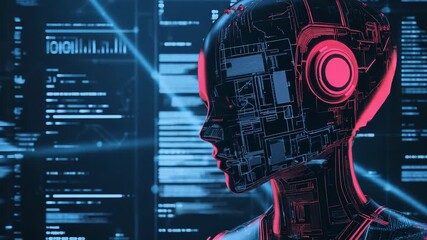 Artificial intelligence processing data, robot analyzing code on digital display - Powered by Adobe