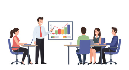 A man presenting a chart to a group of colleagues in a meeting, using a pointer while they take notes on laptops.