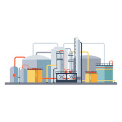Illustration of an industrial plant with tanks and pipes.