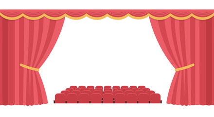 A grand theater stage with plush red velvet curtains drawn open, revealing rows of empty seats awaiting an audience.