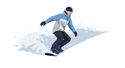 A snowboarder in a blue and white jacket rides down a snowy slope, kicking up snow in a dynamic action pose.