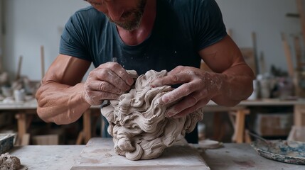 Male sculptor shaping intricate clay artwork in a creative studio with tools and materials