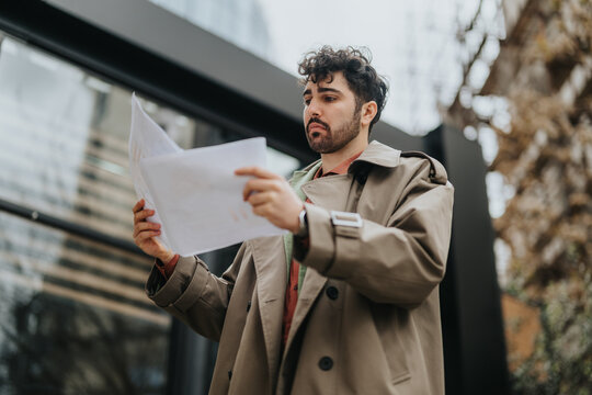 A young adult reviews papers while standing outdoors on an overcast day, creating a moment of contemplation amid urban surroundings. The setting adds a modern and dynamic atmosphere.