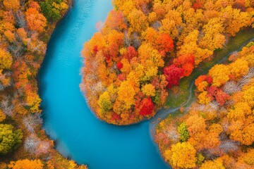 Vibrant fall foliage surrounds turquoise river with colorful autumn forest island