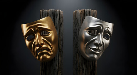 Golden and Silver Theatrical Masks Displayed on Weathered Wood Against a Dark Background