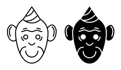 Line icon. Face of a funny circus monkey dressed in a conical cap. Simple black and white vector isolated on white background