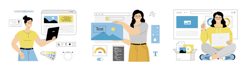 Web Designer. Interface and content presentation design and development. Website layout, composition and color development. Flat vector illustration isolated on white background.