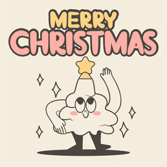 Merry Christmas groovy tree mascot poster. Retro style greeting card. Vector illustration.
