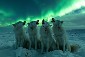 Four white wolves howl on snowy terrain under intense green aurora borealis
