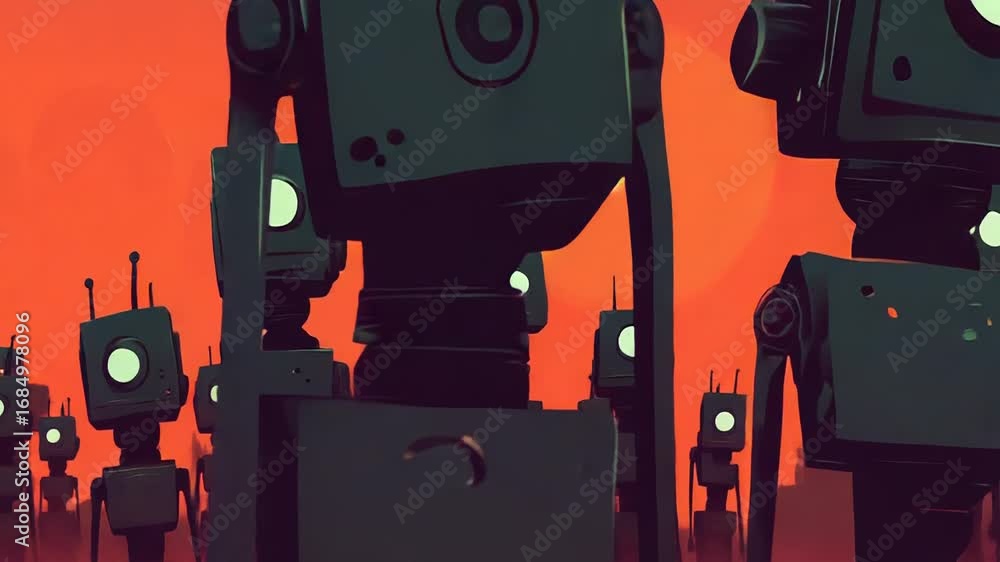 Poster Robots standing in front of red planet and two suns