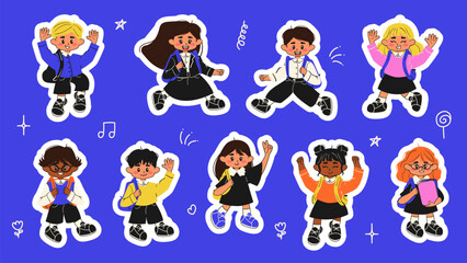 Cheerful school kids going to school stickers. Back to school set. Doodle style school student. Flat vector illustration.