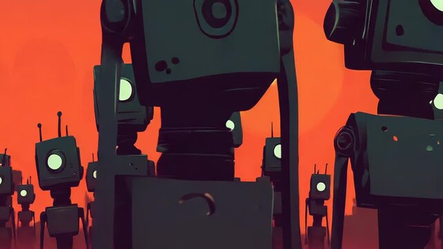 Robots standing in front of red planet and two suns