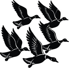 Flock of Ducks Flying in Formation Silhouette Vector Illustration Isolated on White