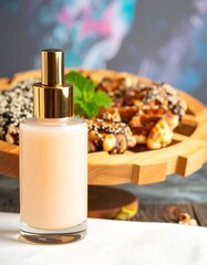 Creamy lotion next to a wooden platter of waffles