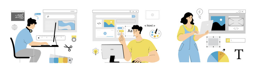 Web Interface Design concept. Creating digital graphic layout, wireframe, visual elements for mobile app, sites. Flat vector illustration isolated on white background.