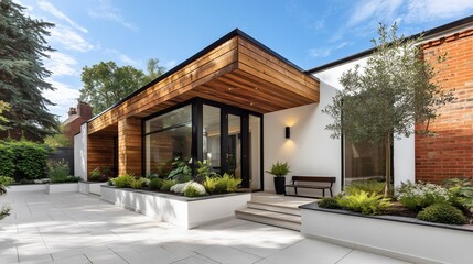 Fototapeta premium Modern architectural home exterior with wooden accents and lush landscaping in bright daylight