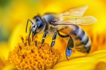 Macro shot of a honey bee gathering pollen from a sunflower's center, highlighting the bee's intricate features