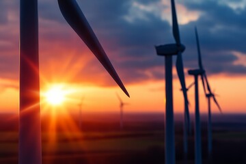 Silhouettes of wind turbines against a dramatic sky with vibrant orange and blue hues at sunset