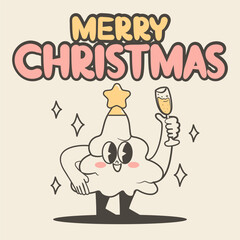 Merry Christmas groovy tree mascot poster. Retro style greeting card. Vector illustration.