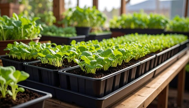 Rows of young plants in a greenhouse - Powered by Adobe