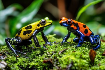Two brightly colored poison dart frogs, one yellow and one orange-blue, facing each other on moss-covered ground