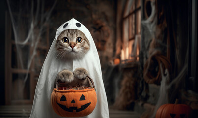 Cat in a costume with a pumpkin basket against the background of a haunted house. Halloween decor and pet concept. Funny animal for poster, banner, greeting card with copy space