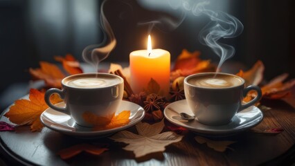 Fototapeta premium Two cups of coffee, autumn leaves, and candle