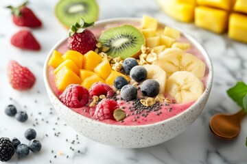 Colorful smoothie bowl with mango, kiwi, banana, berries, and chia seeds in white ceramic bowl on marble surface