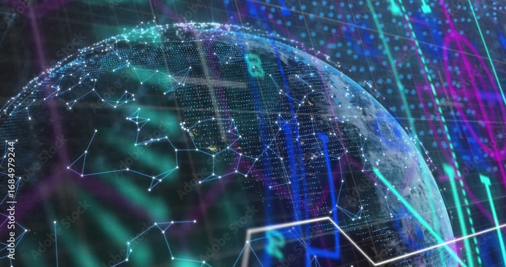 Poster animation of data processing over connections and globe in navy digital space