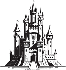 Obraz premium Majestic Castle Illustration with Towers and Drawbridge Black and White Fantasy Architecture Design Element for Storybooks and Creative Projects