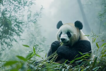 A giant panda munches on bamboo shoots while sitting in a lush, misty bamboo forest