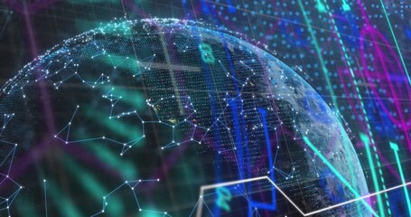 Animation of data processing over connections and globe in navy digital space - Powered by Adobe