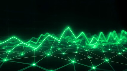 Conceptual visualization of digital information flow with a vibrant green signal wave moving across a futuristic data network