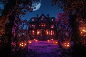 Surreal purple-lit mansion with glowing windows, framed by autumn trees and decorated with jack-o'-lanterns under a full moon
