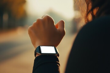 Hand wearing smartwatch with illuminated screen against blurred urban sunset background, showcasing wearable technology
