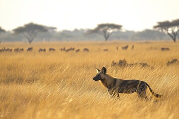 Lone African wild dog standing alert in golden grass of Serengeti, with acacia trees and misty horizon in background
