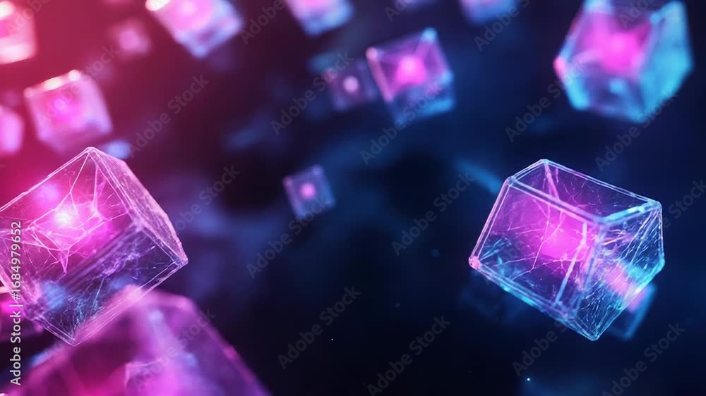 Poster glowing cubes floating in digital space representing big data and futuristic technology