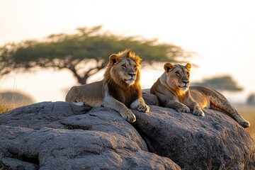 Male lion and lioness resting on large rocks in African savanna, with acacia tree silhouetted against golden sky at dusk